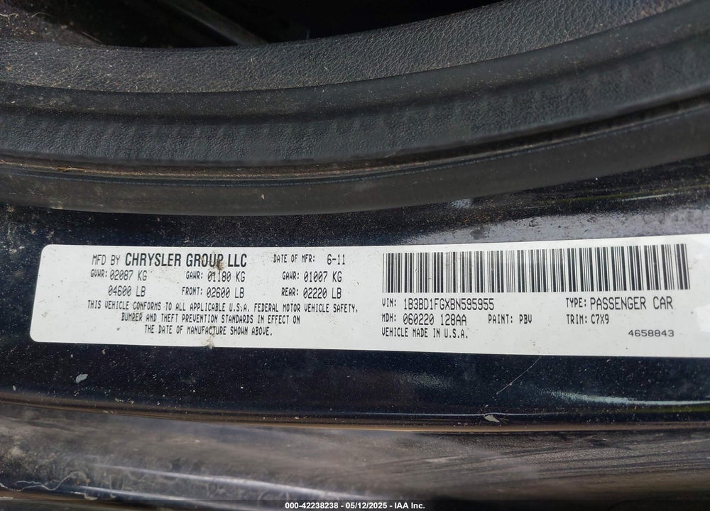 2011 DODGE AVENGER MAINSTREET VIN: 1B3BD1FGXBN595955