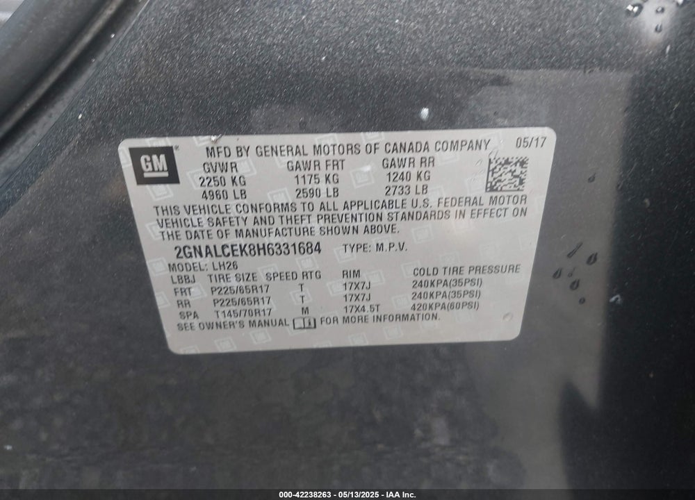 2017 CHEVROLET EQUINOX LT VIN: 2GNALCEK8H6331684