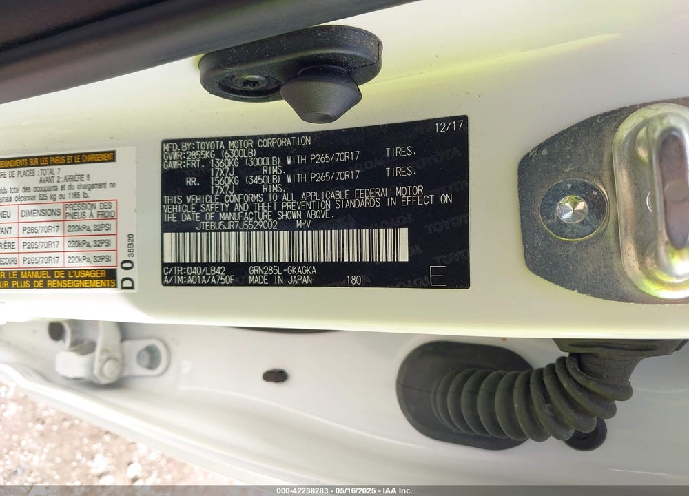 2018 TOYOTA 4RUNNER VIN: JTEBU5JR7J5529002