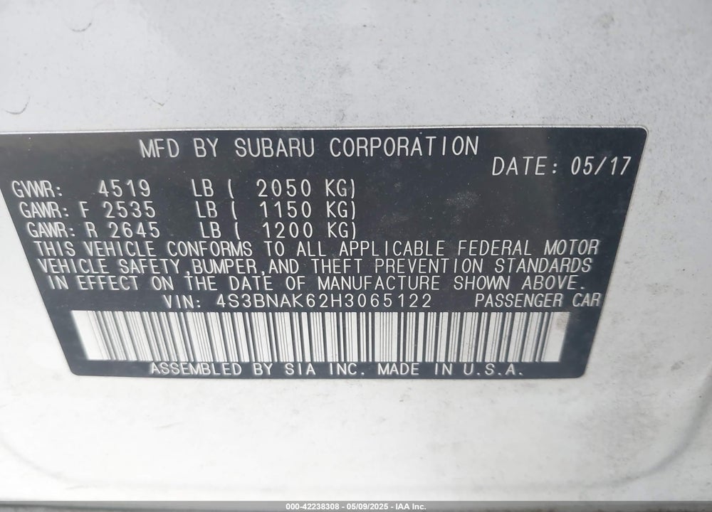 2017 SUBARU LEGACY VIN: 4S3BNAK62H3065122