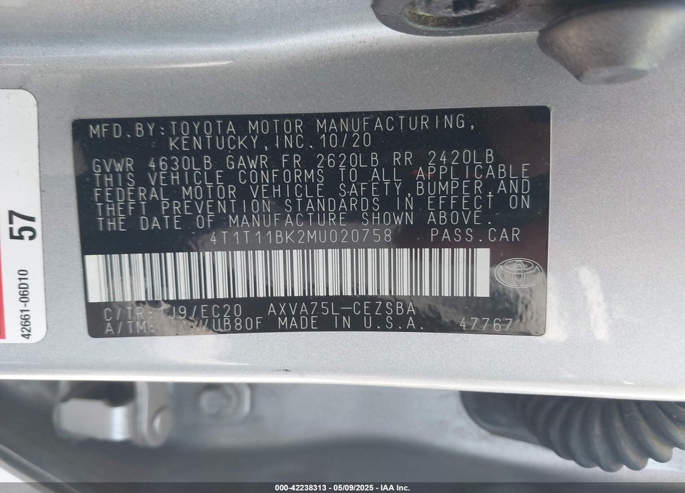 2021 TOYOTA CAMRY VIN: 4T1T11BK2MU020758