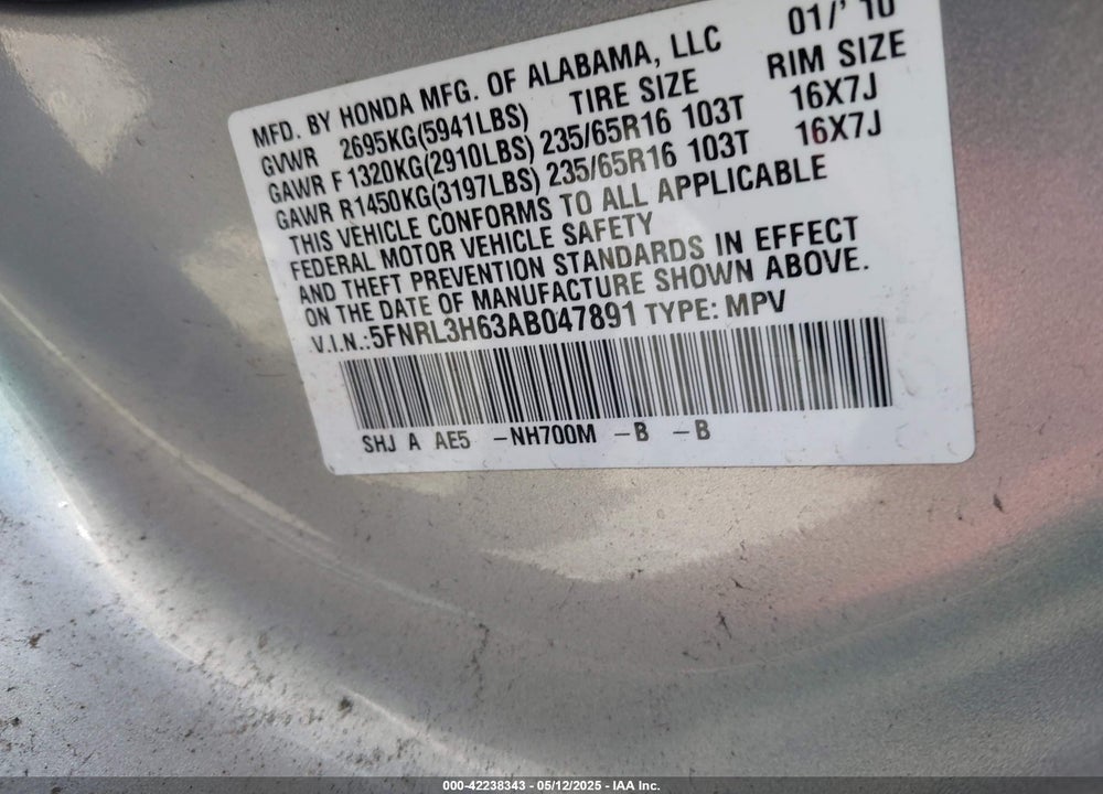2010 HONDA ODYSSEY EX-L VIN: 5FNRL3H63AB047891
