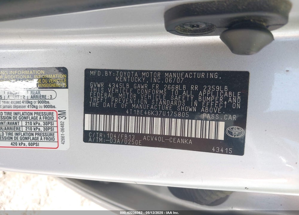 2007 TOYOTA CAMRY LE VIN: 4T1BE46K37U175805