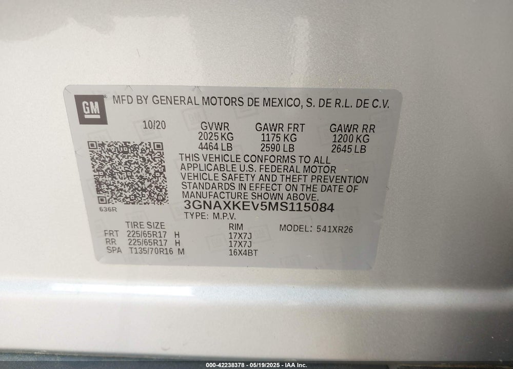 2021 CHEVROLET EQUINOX VIN: 3GNAXKEV5MS115084