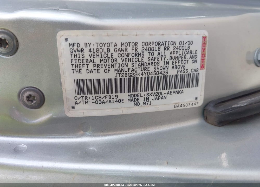 2000 TOYOTA CAMRY CE/LE/XLE VIN: JT2BG22K4Y0450429