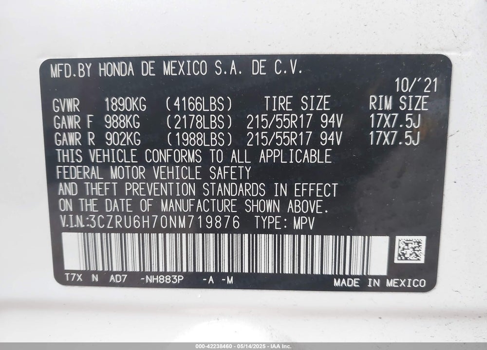 2022 HONDA HR-V AWD EX-L VIN: 3CZRU6H70NM719876