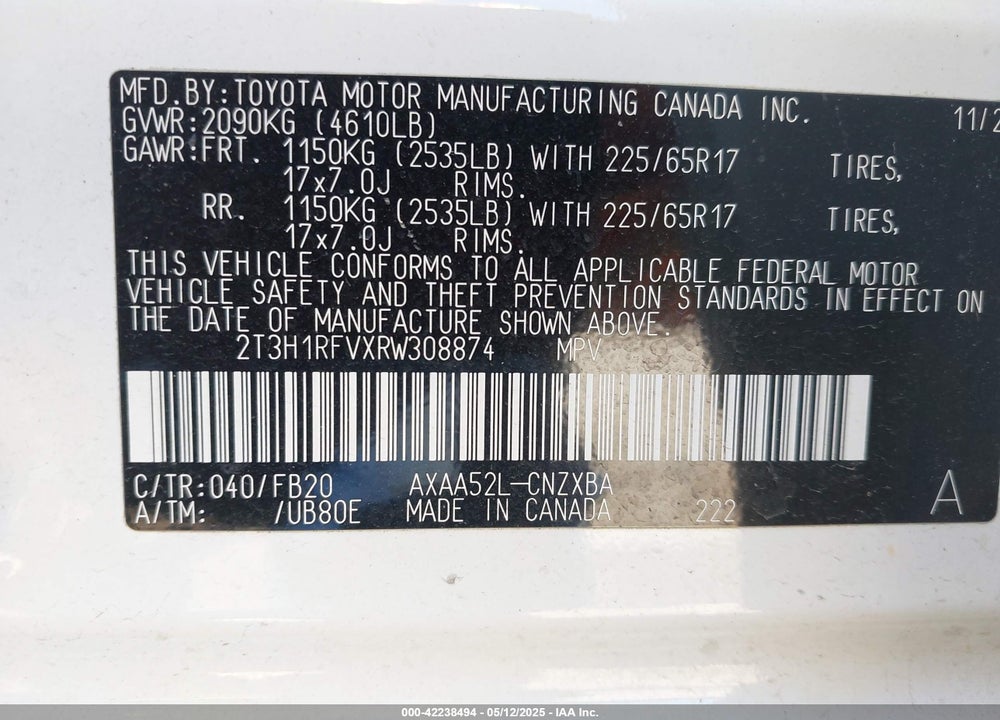 2024 TOYOTA RAV4 LE VIN: 2T3H1RFVXRW308874