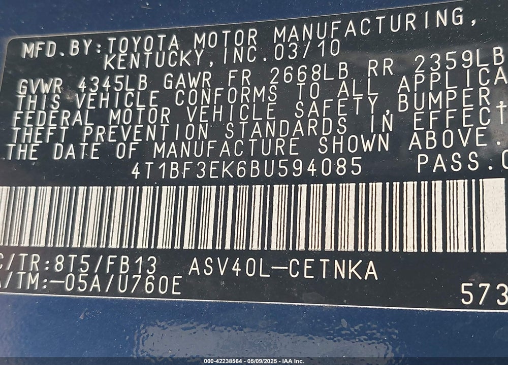 2011 TOYOTA CAMRY LE VIN: 4T1BF3EK6BU594085