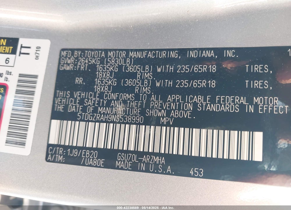 2022 TOYOTA HIGHLANDER VIN: 5TDGZRAH9NS538990