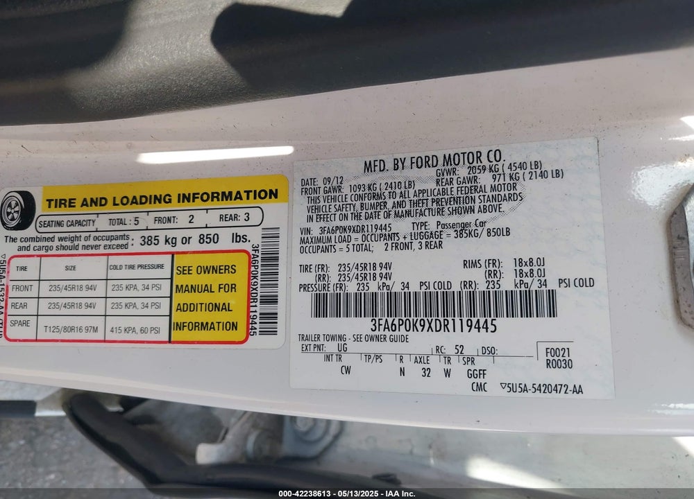 2013 FORD FUSION VIN: 3FA6P0K9XDR119445