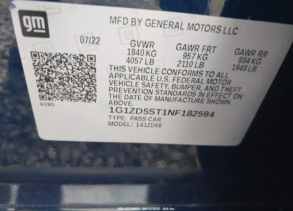 2022 CHEVROLET MALIBU VIN: 1G1ZD5ST1NF182594