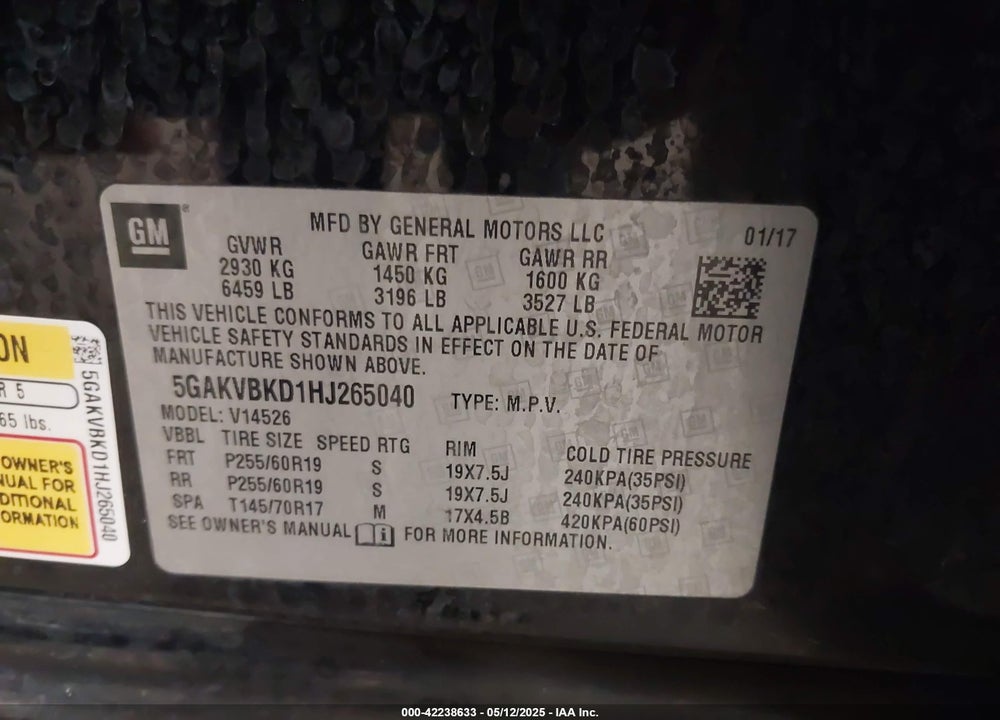 2017 BUICK ENCLAVE VIN: 5GAKVBKD1HJ265040