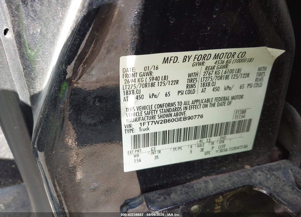 2016 FORD F-250 XLT VIN: 1FT7W2B60GEB90776