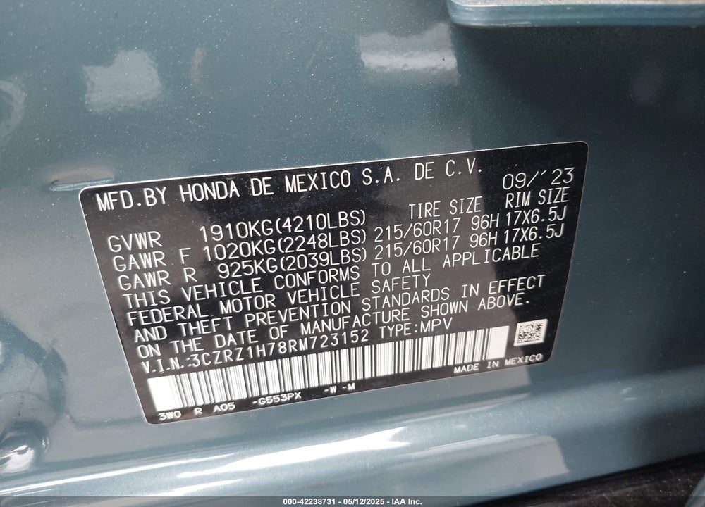 2024 HONDA HR-V VIN: 3CZRZ1H78RM723152