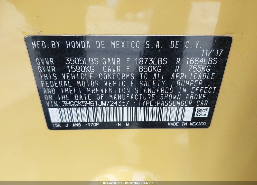 2018 HONDA FIT VIN: 3HGGK5H61JM724357