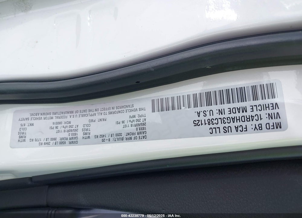 2020 DODGE DURANGO SXT PLUS RWD VIN: 1C4RDHAG3LC381125