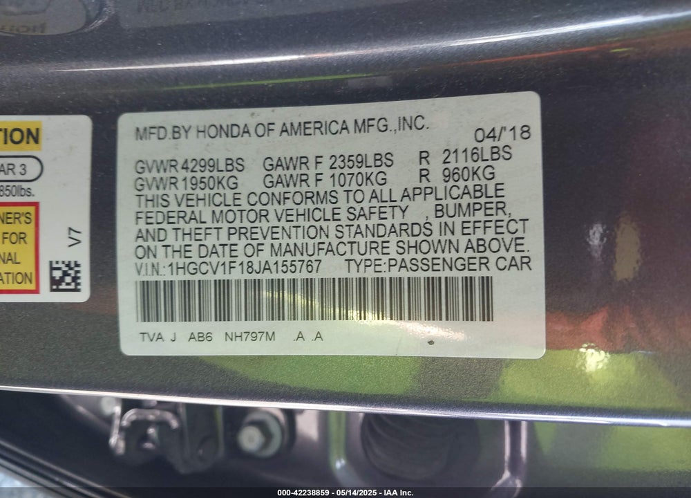 2018 HONDA ACCORD VIN: 1HGCV1F18JA155767