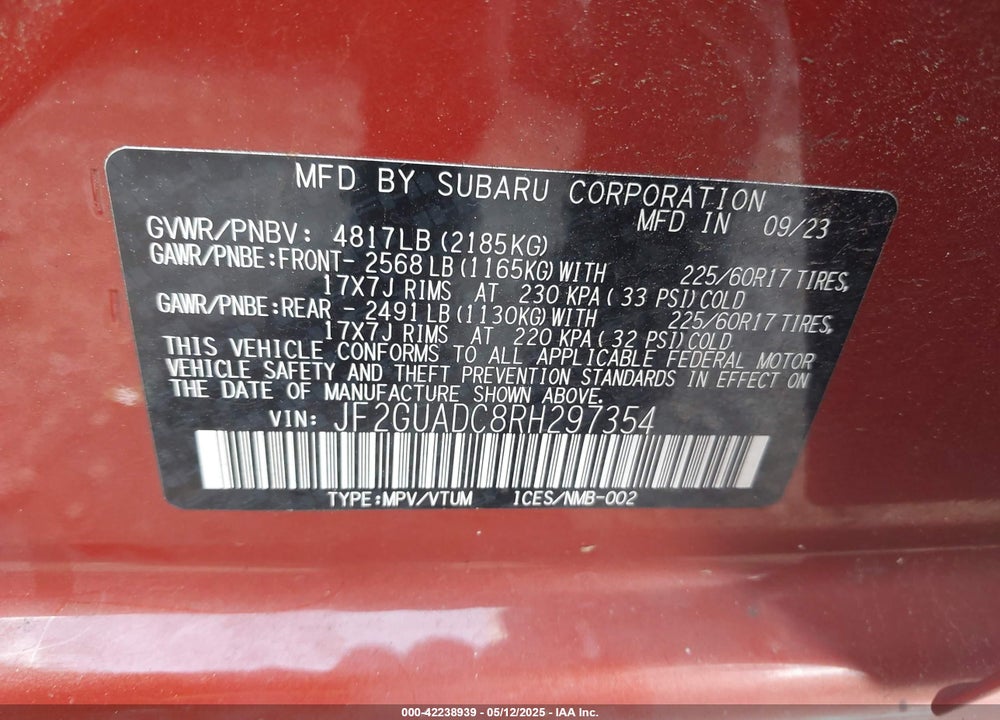 2024 SUBARU CROSSTREK VIN: JF2GUADC8RH297354