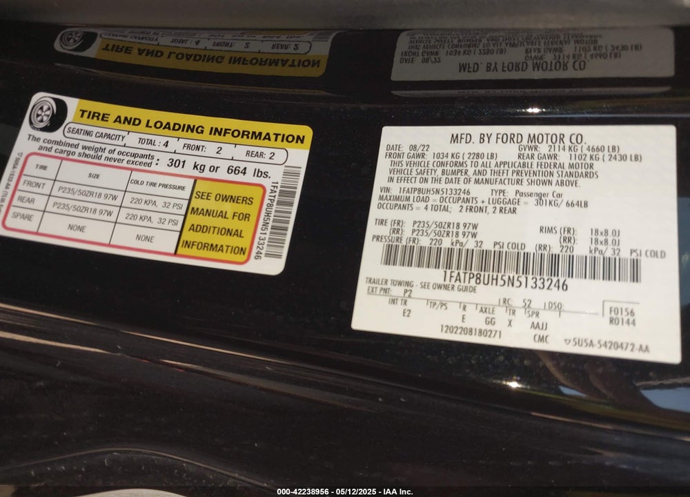 2022 FORD MUSTANG VIN: 1FATP8UH5N5133246