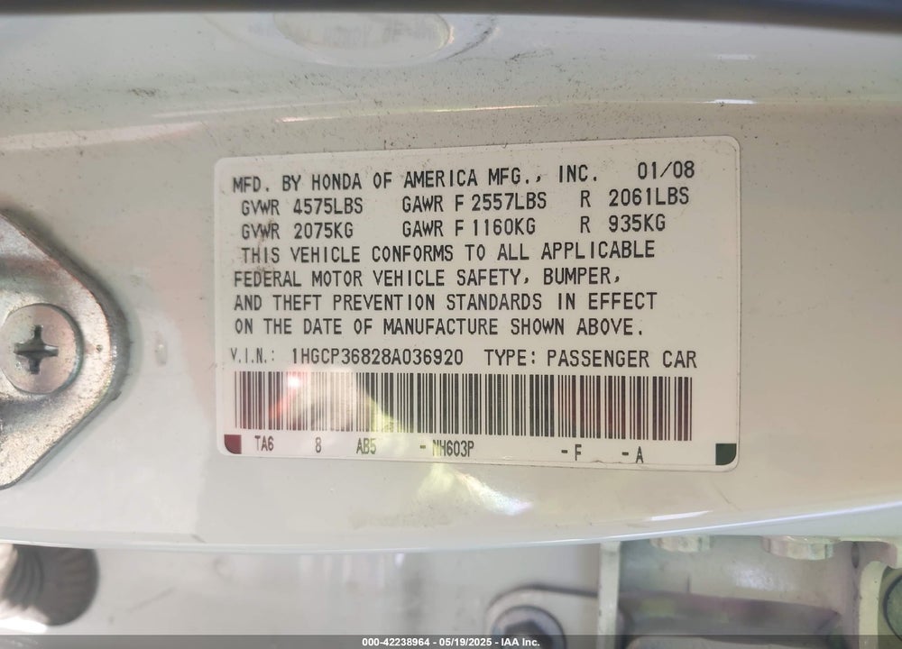 2008 HONDA ACCORD VIN: 1HGCP36828A036920