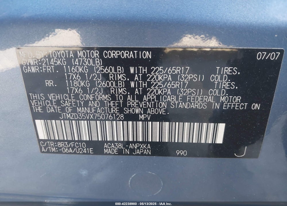 2007 TOYOTA RAV4 VIN: JTMZD35VX75076128