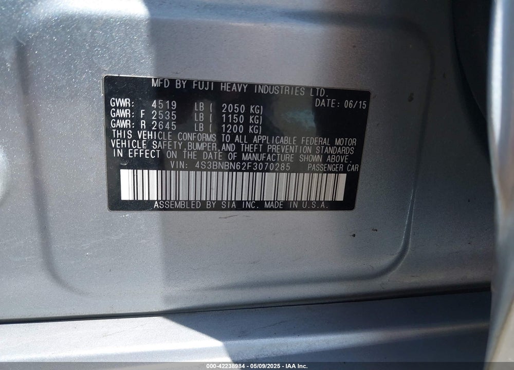 2015 SUBARU LEGACY 2.5I LIMITED VIN: 4S3BNBN62F3070285
