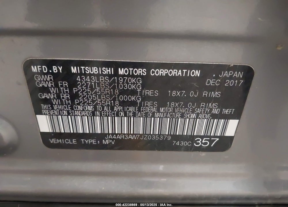 2018 MITSUBISHI OUTLANDER SPORT VIN: JA4AR3AW7JZ035379