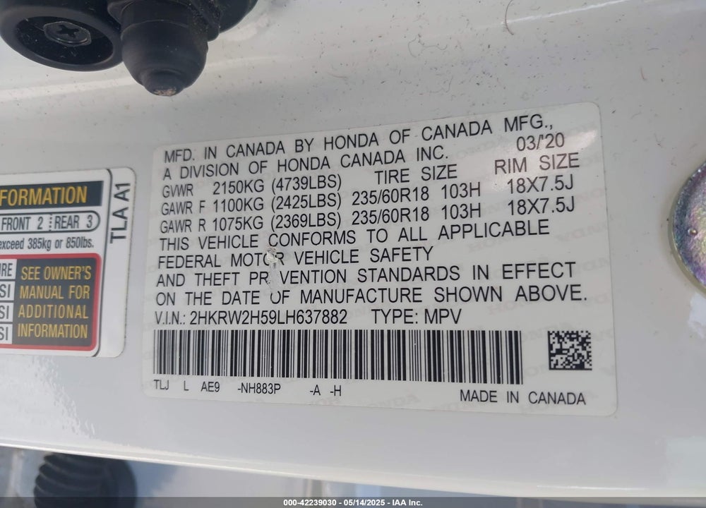2020 HONDA CR-V EX VIN: 2HKRW2H59LH637882