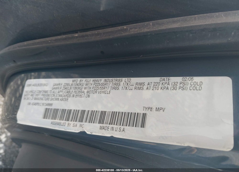 2006 SUBARU OUTBACK 2.5I VIN: 4S4BP61C167346666