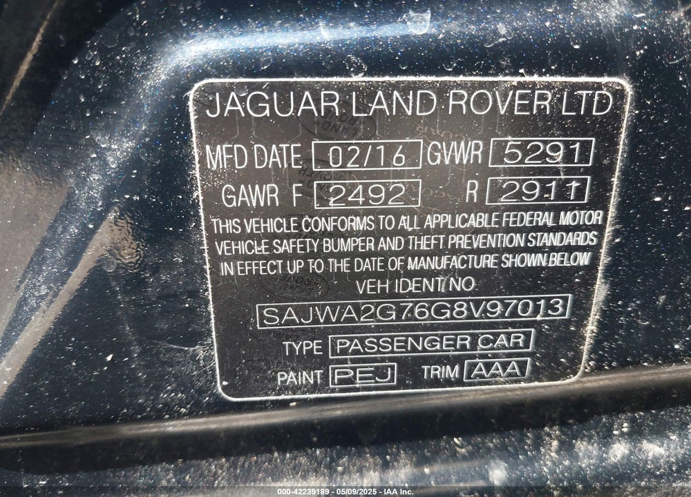 2016 JAGUAR XJ VIN: SAJWA2G76G8V97013