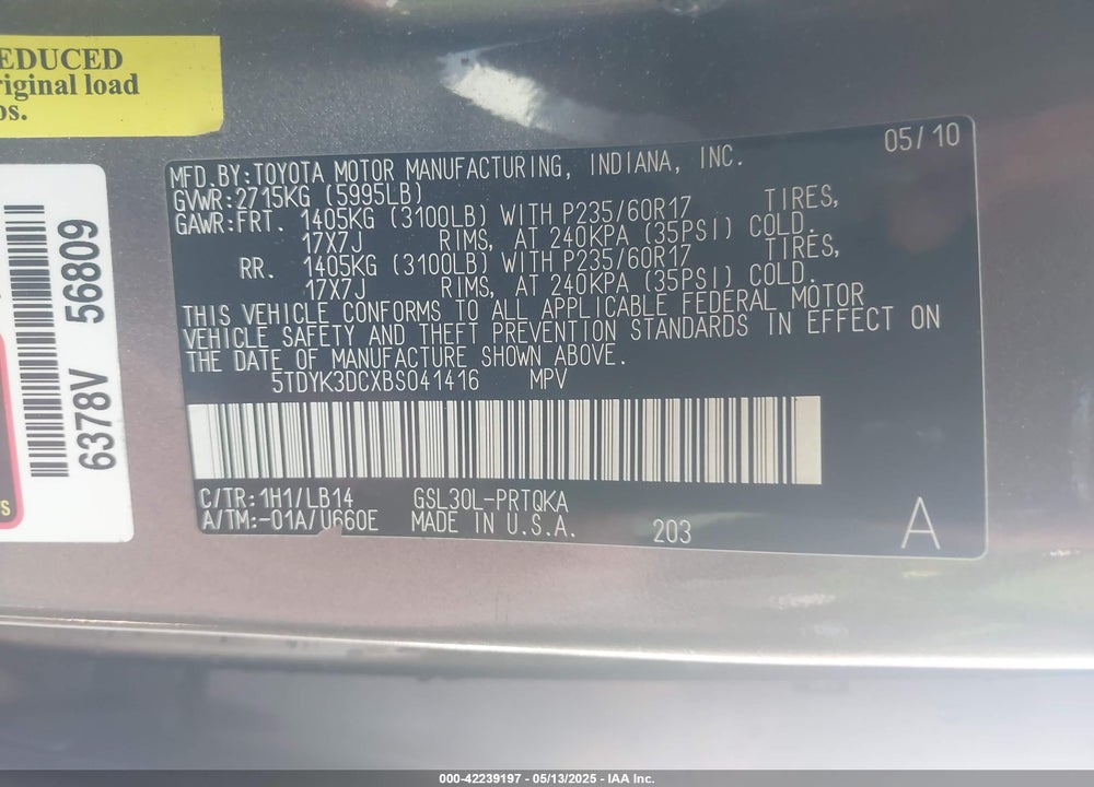 2011 TOYOTA SIENNA XLE V6 VIN: 5TDYK3DCXBS041416