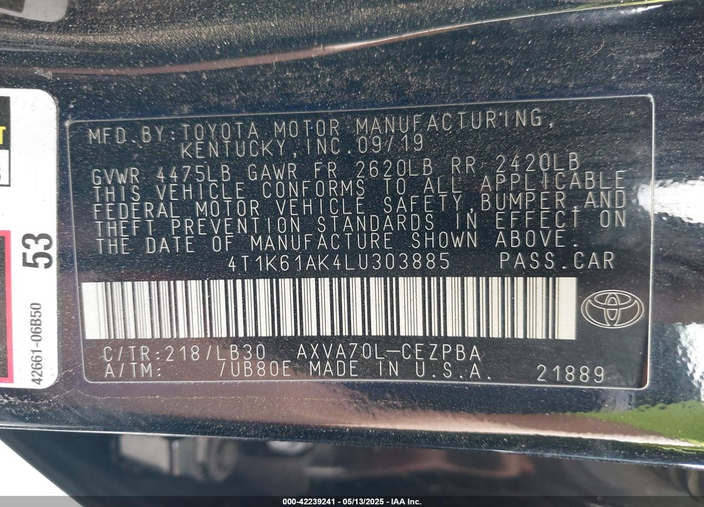 2020 TOYOTA CAMRY VIN: 4T1K61AK4LU303885