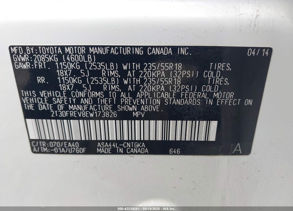 2014 TOYOTA RAV4 VIN: 2T3DFREV8EW173826