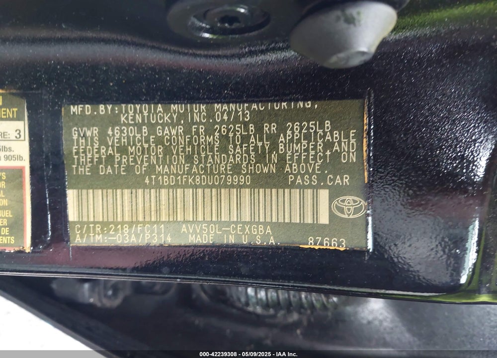 2013 TOYOTA CAMRY HYBRID XLE VIN: 4T1BD1FK8DU079990