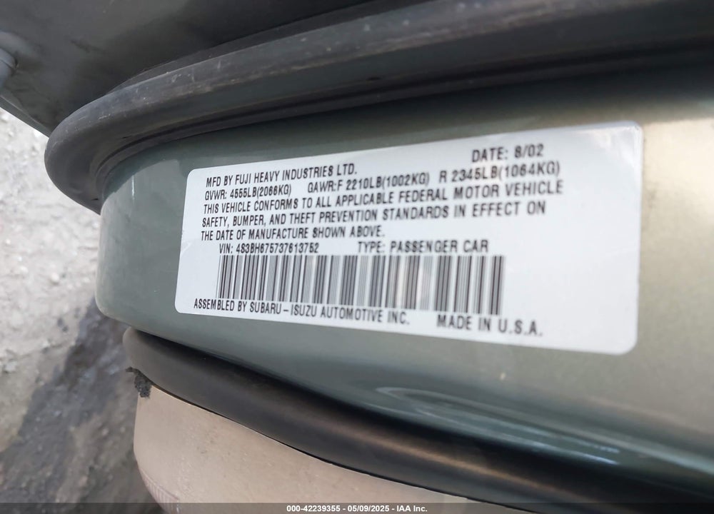 2003 SUBARU LEGACY VIN: 4S3BH675737613752