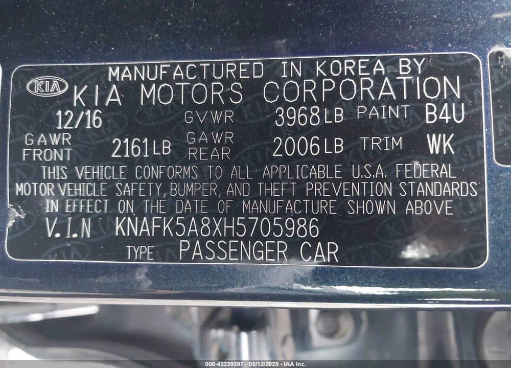 2017 KIA FORTE VIN: KNAFK5A8XH5705986