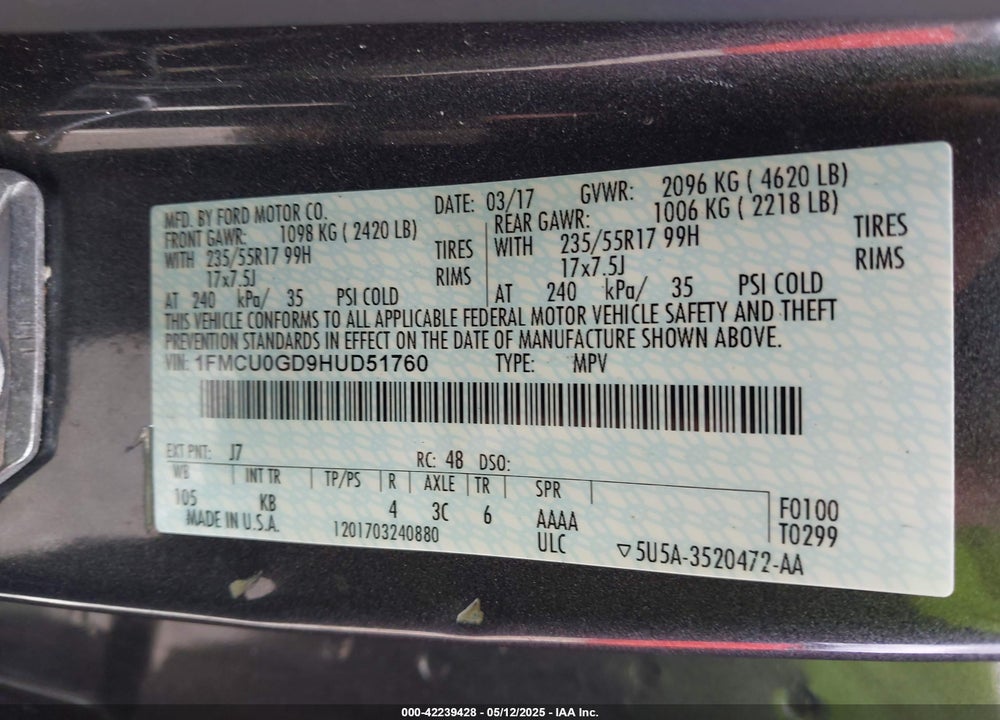 2017 FORD ESCAPE VIN: 1FMCU0GD9HUD51760