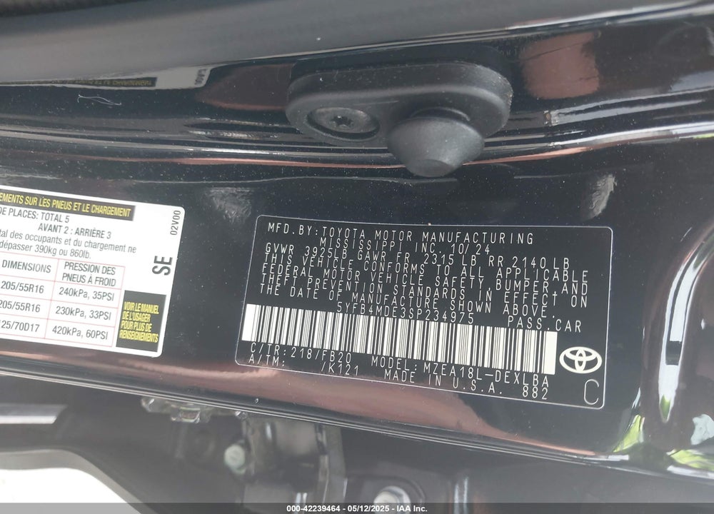 2025 TOYOTA COROLLA LE VIN: 5YFB4MDE3SP234975