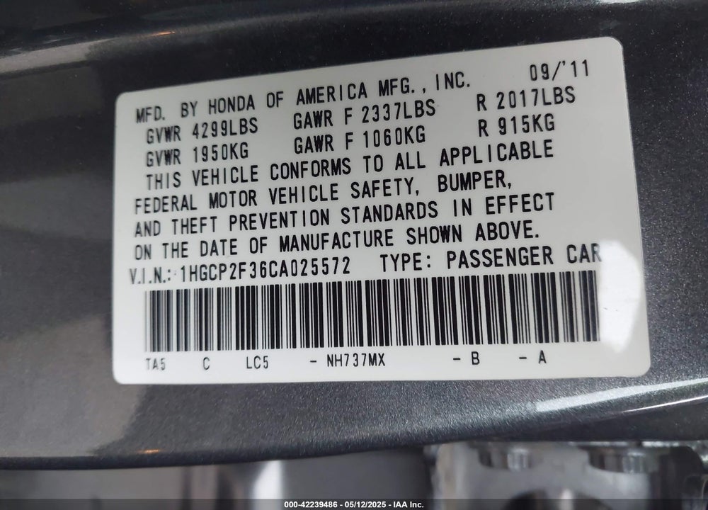 2012 HONDA ACCORD 2.4 LX VIN: 1HGCP2F36CA025572