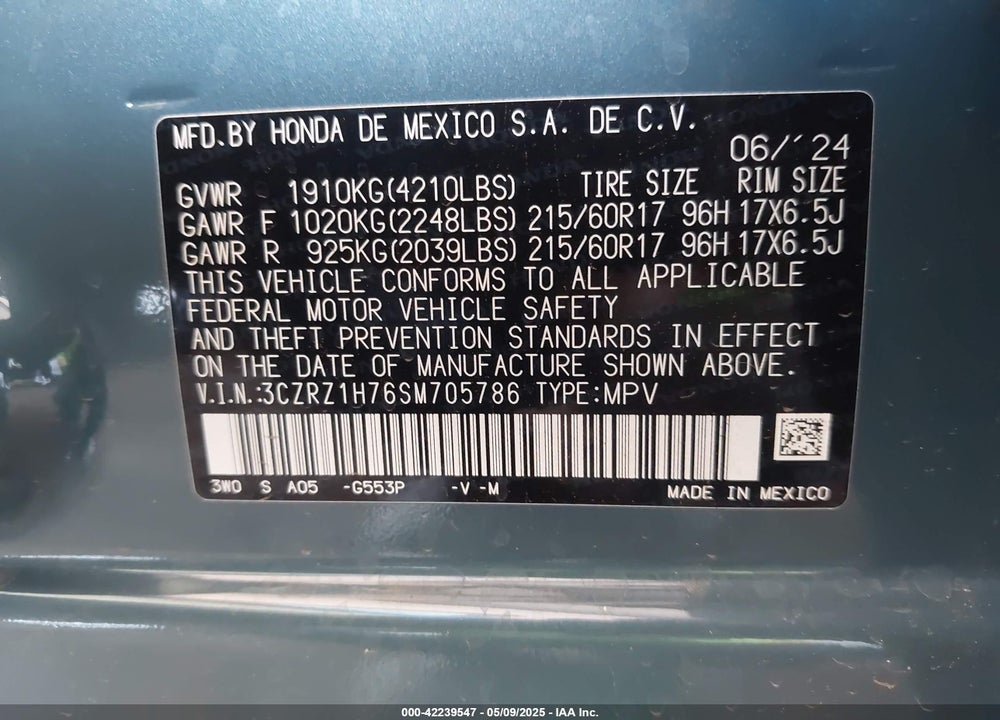 2025 HONDA HR-V VIN: 3CZRZ1H76SM705786