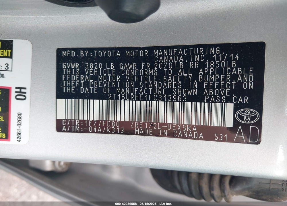 2015 TOYOTA COROLLA S PLUS VIN: 2T1BURHE1FC313963