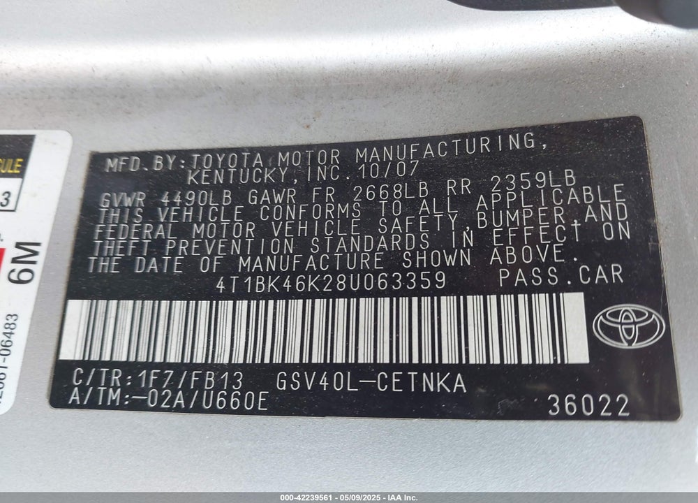 2008 TOYOTA CAMRY VIN: 4T1BK46K28U063359