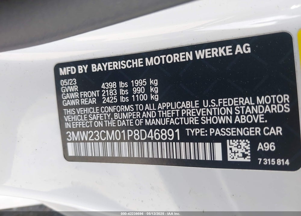 2023 BMW 230 VIN: 3MW23CM01P8D46891