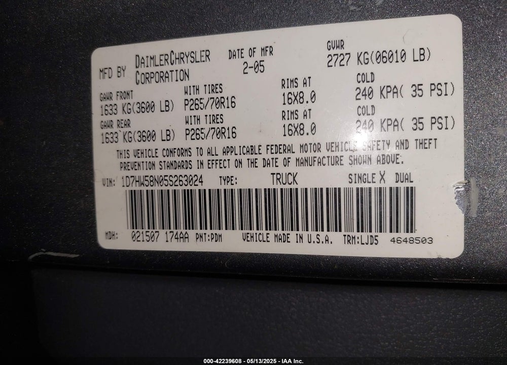 2005 DODGE DAKOTA LARAMIE VIN: 1D7HW58N05S263024