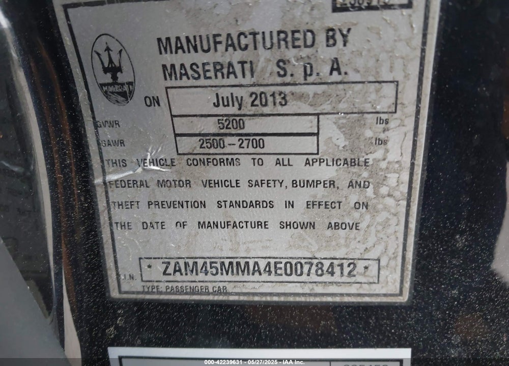 2014 MASERATI GRANTURISMO VIN: ZAM45MMA4E0078412