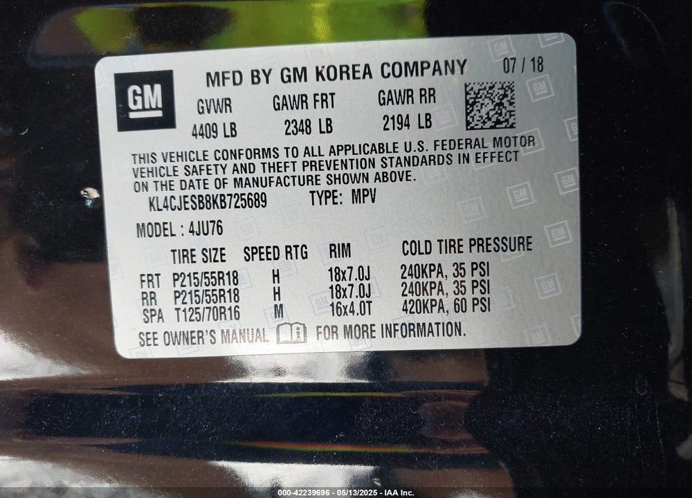 2019 BUICK ENCORE VIN: KL4CJESB8KB725689