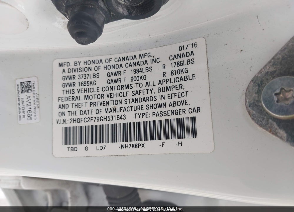2016 HONDA CIVIC VIN: 2HGFC2F79GH531643