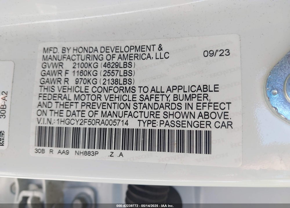 2024 HONDA ACCORD VIN: 1HGCY2F50RA005714