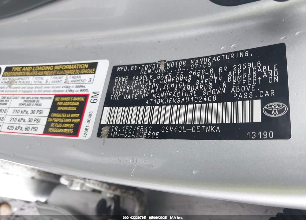 2010 TOYOTA CAMRY LE V6 VIN: 4T1BK3EK8AU102408
