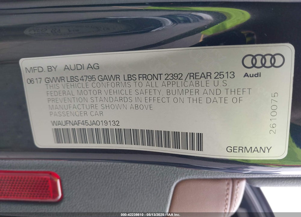2018 AUDI A4 2.0T PREMIUM VIN: WAUFNAF45JA019132